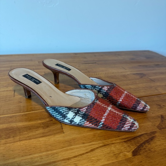 Kate Spade Vintage Plaid Fabric Round Toe Slip On Kitten Heels Mules Size 6.5 - Picture 1 of 6